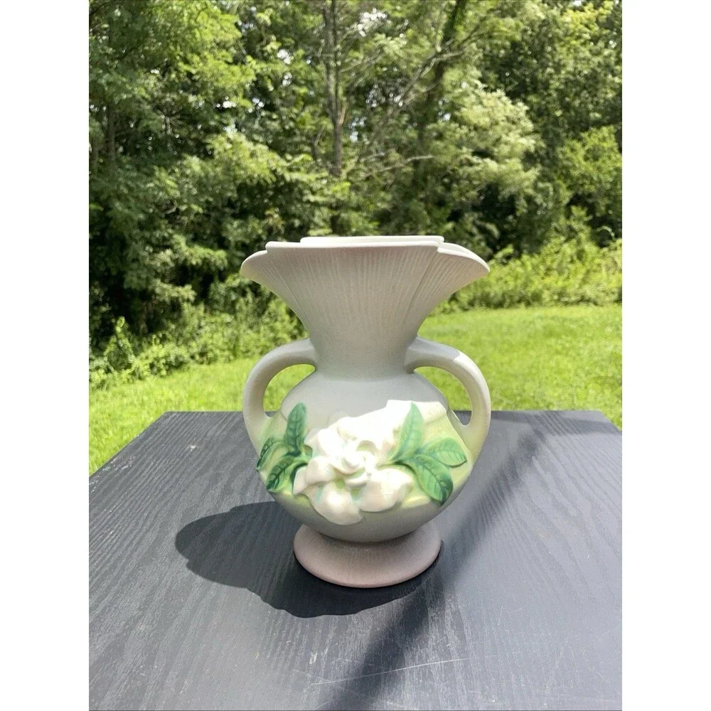 8.25in Roseville 1950s Gardenia Gray/ Purple  White Blossom Bulbous Vase #684-8